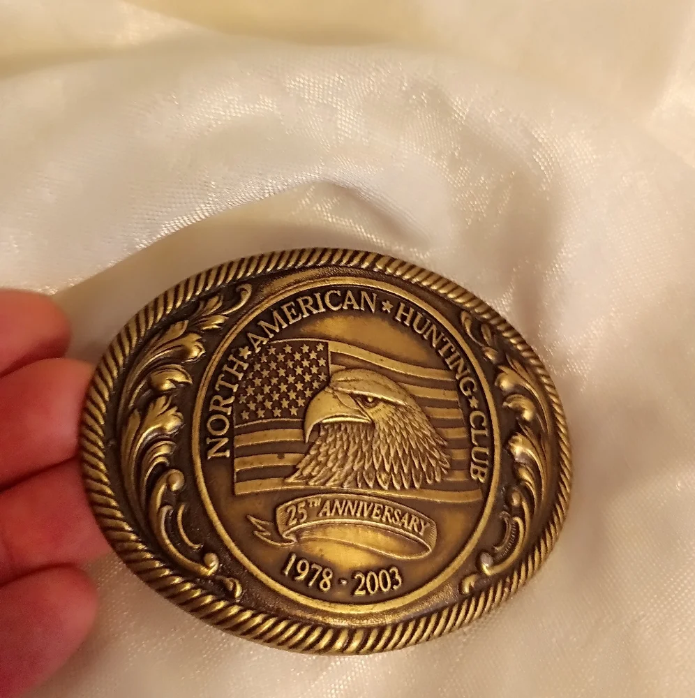 North American Hunting Club 25th anniversary western brass belt buckle